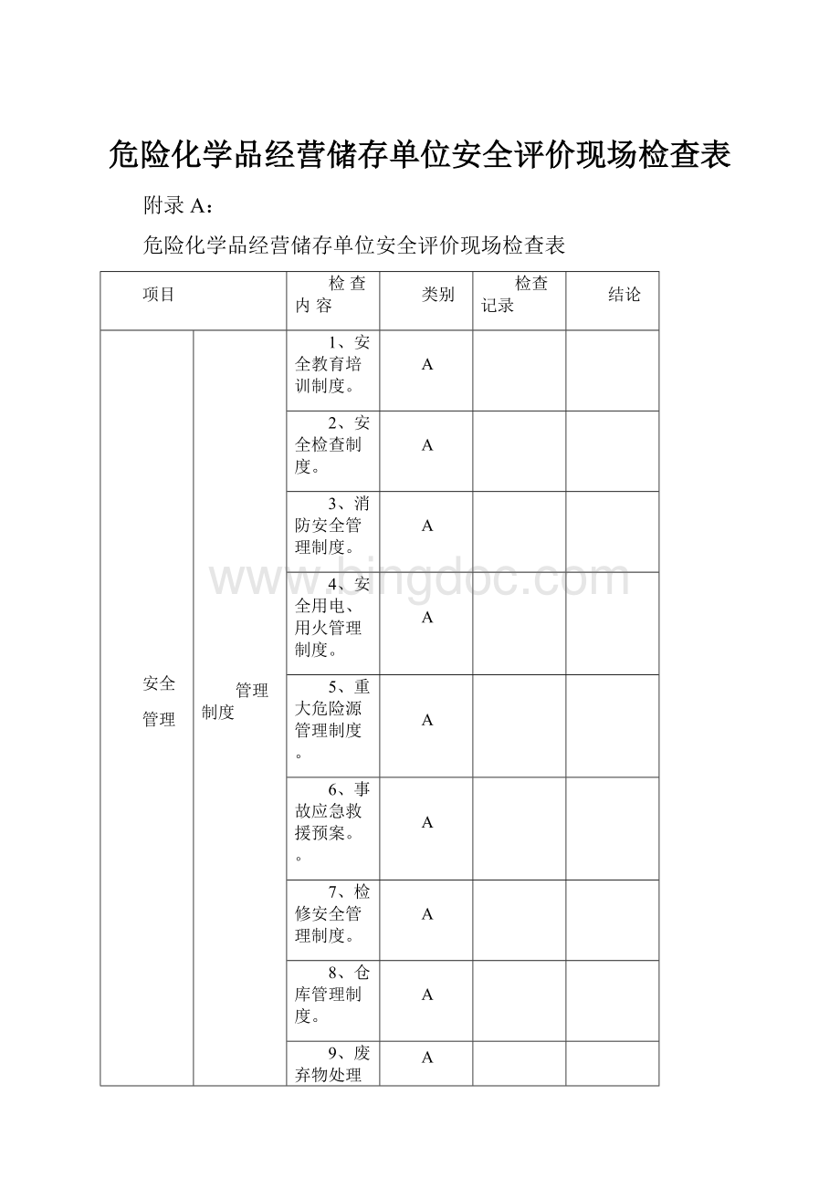 危险化学品经营储存单位安全评价现场检查表.docx_第1页