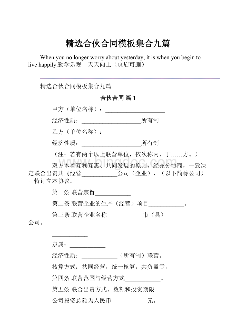 精选合伙合同模板集合九篇.docx