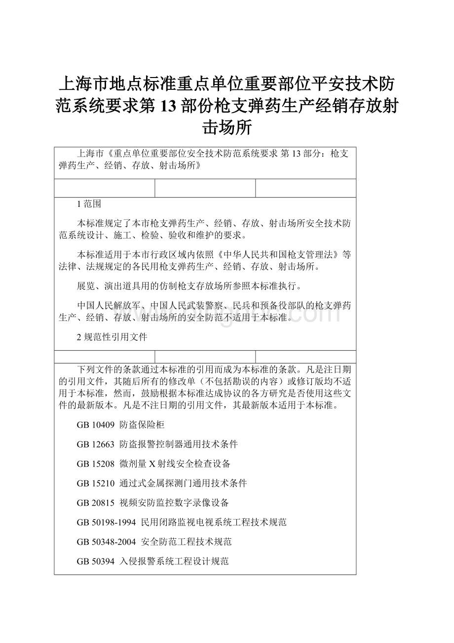 上海市地点标准重点单位重要部位平安技术防范系统要求第13部份枪支弹药生产经销存放射击场所.docx
