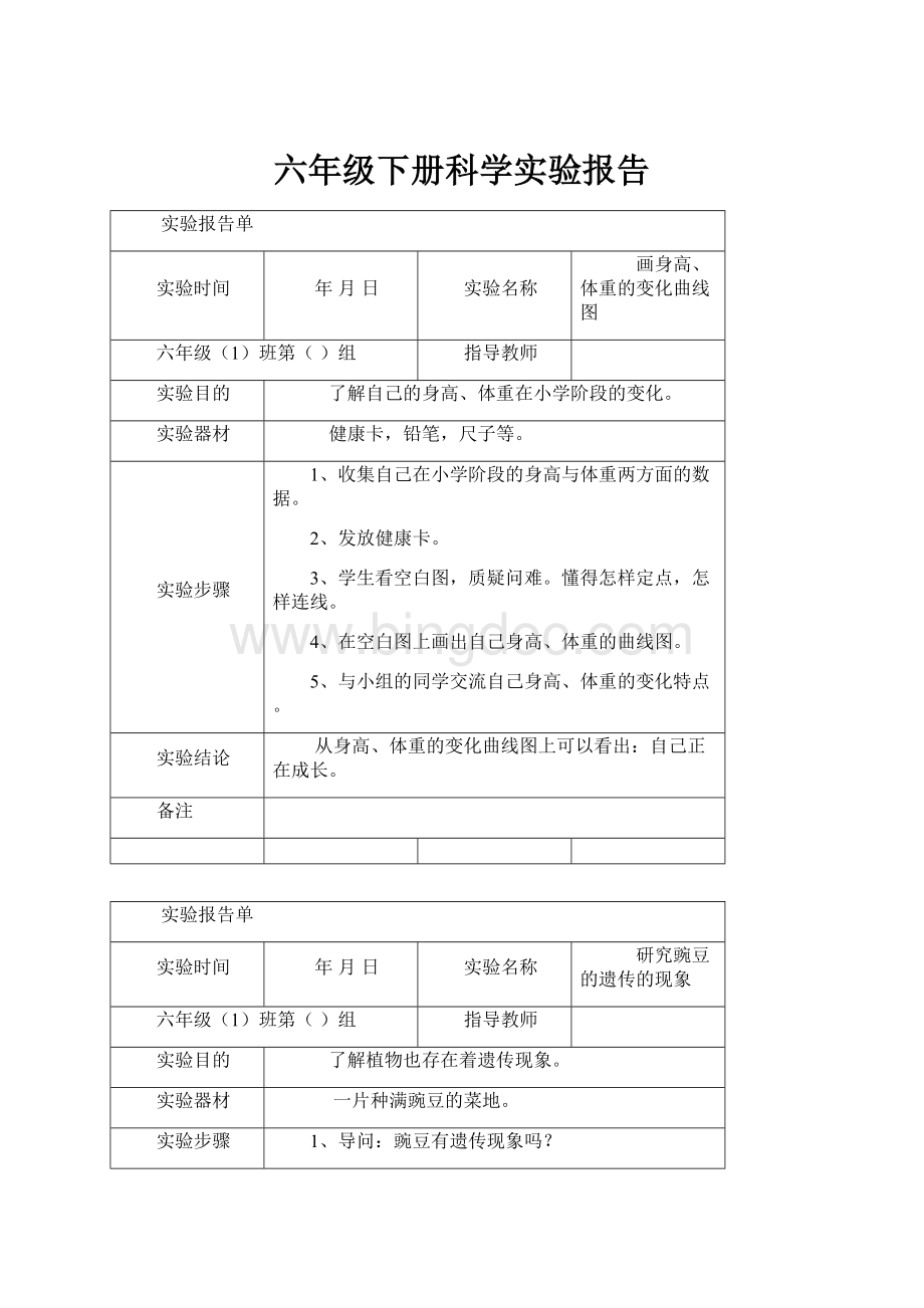 六年级下册科学实验报告.docx_第1页