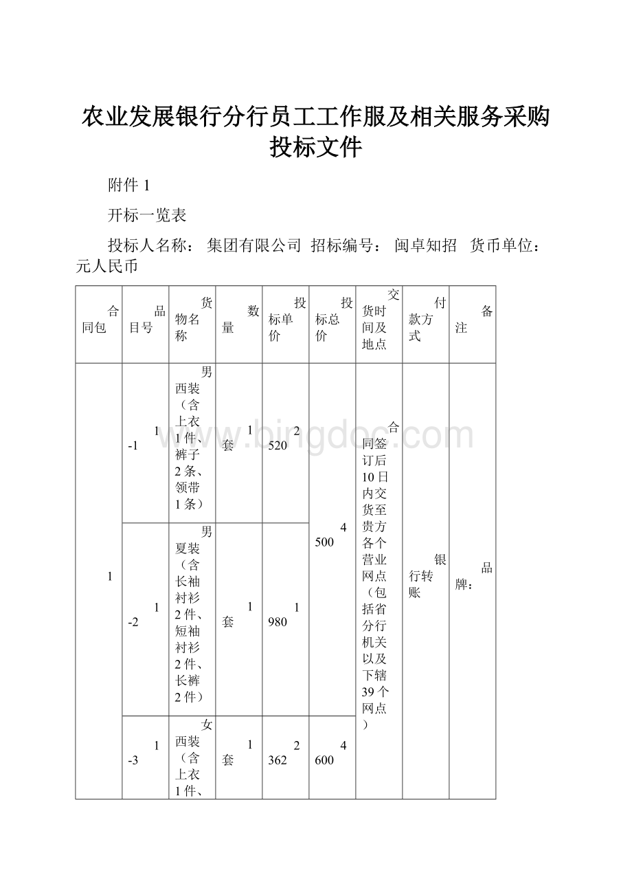 农业发展银行分行员工工作服及相关服务采购投标文件.docx