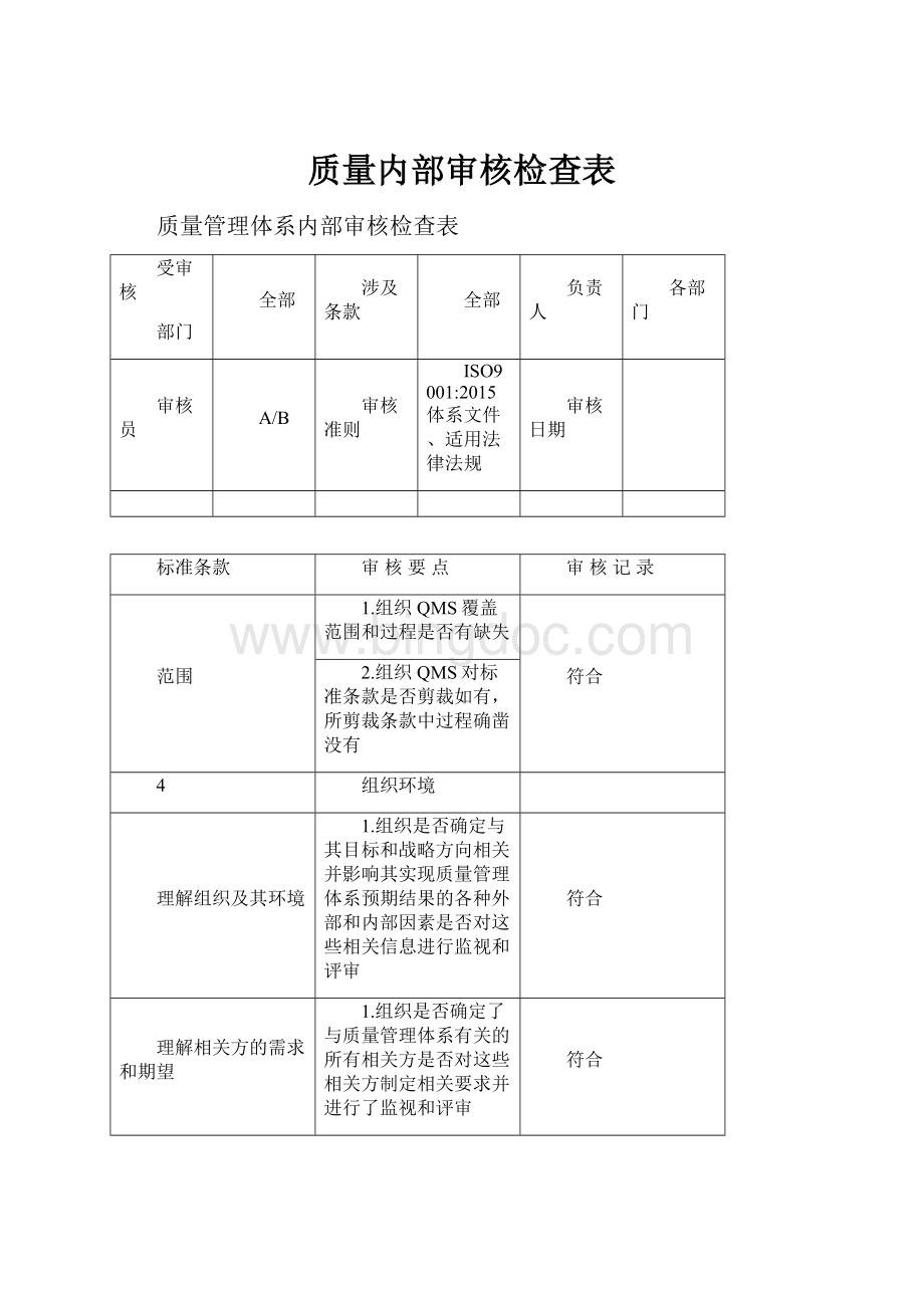 质量内部审核检查表.docx_第1页