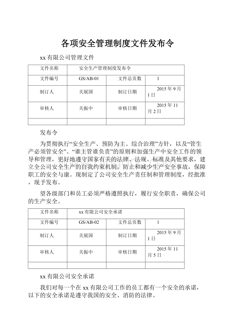 各项安全管理制度文件发布令.docx