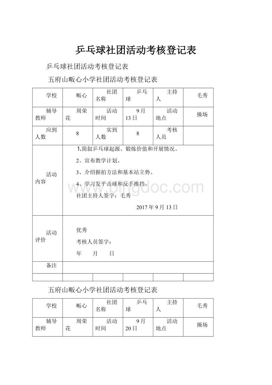 乒乓球社团活动考核登记表.docx