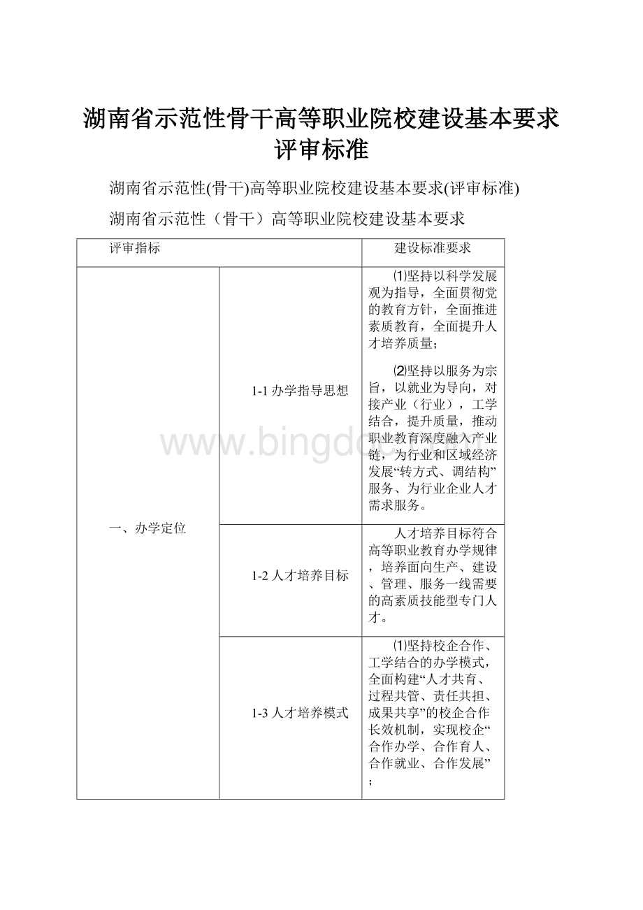 湖南省示范性骨干高等职业院校建设基本要求评审标准.docx_第1页