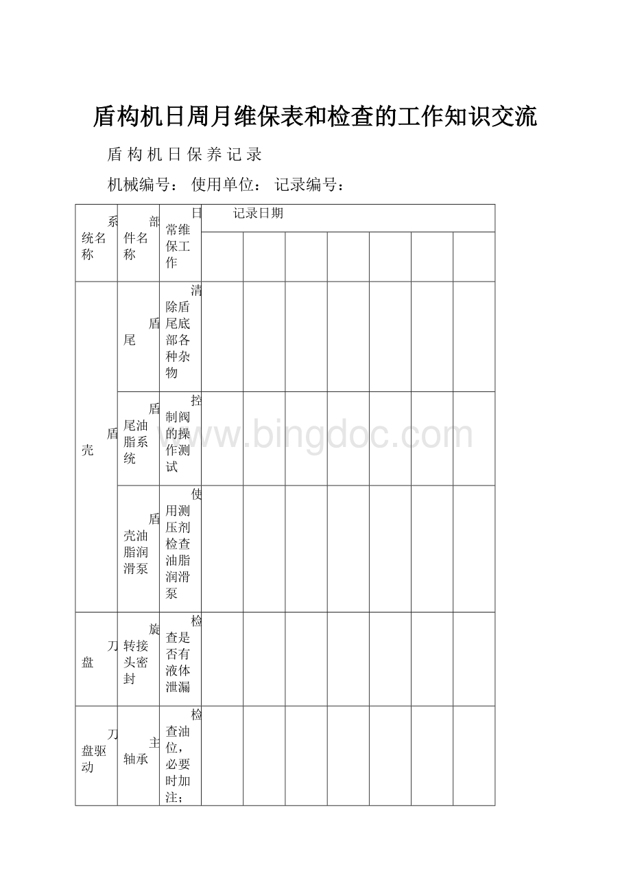 盾构机日周月维保表和检查的工作知识交流.docx