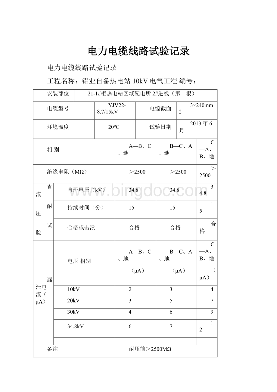 电力电缆线路试验记录.docx_第1页