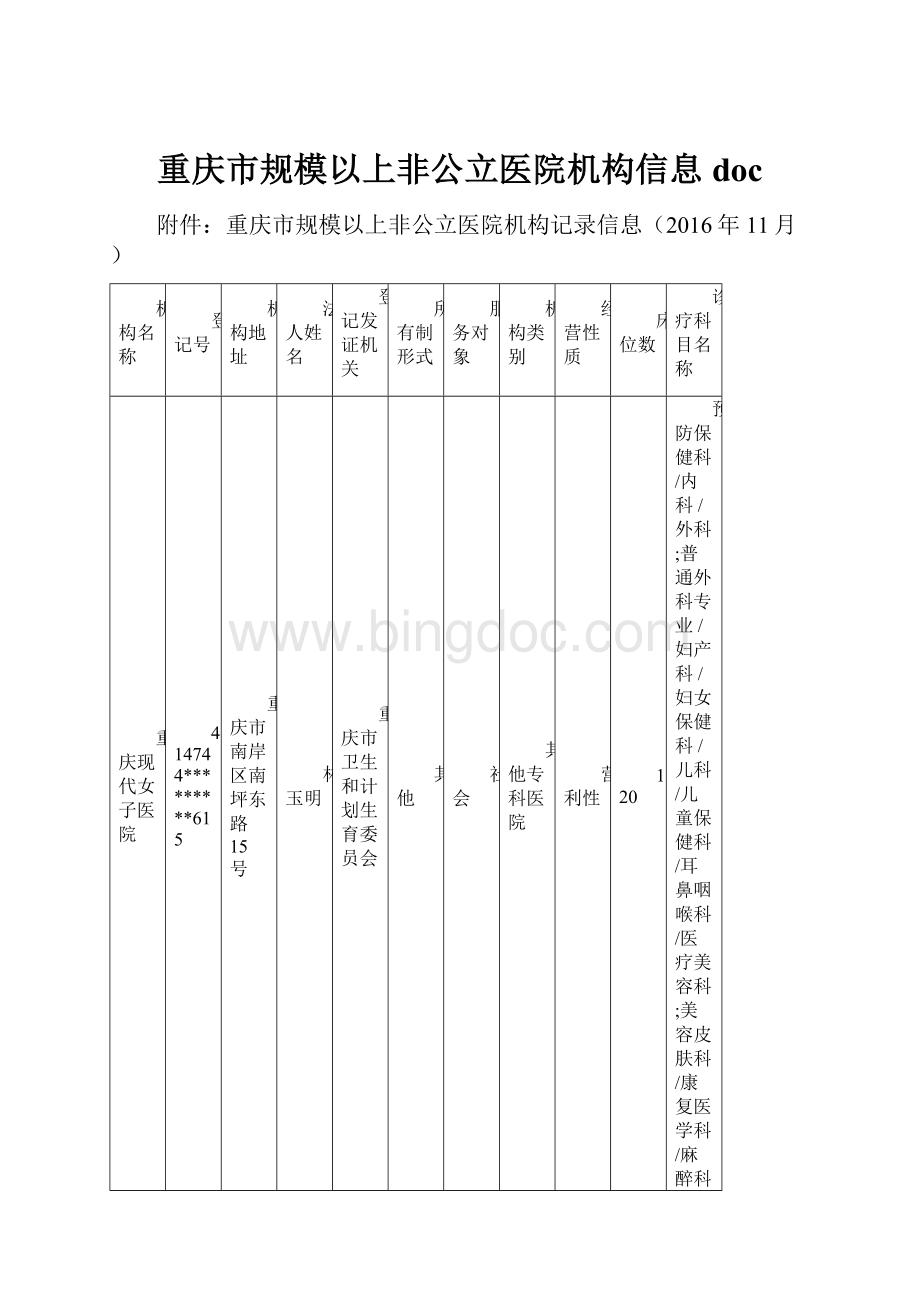 重庆市规模以上非公立医院机构信息doc.docx