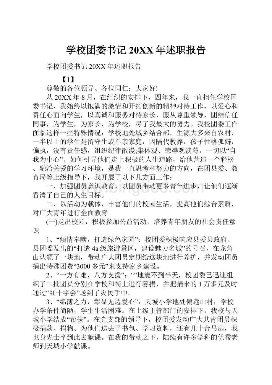 学校团委书记20XX年述职报告.docx