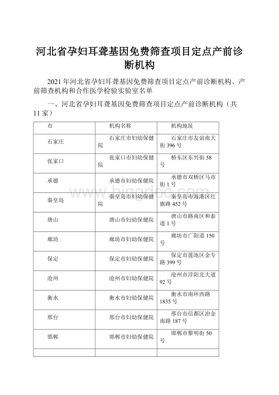 河北省孕妇耳聋基因免费筛查项目定点产前诊断机构.docx