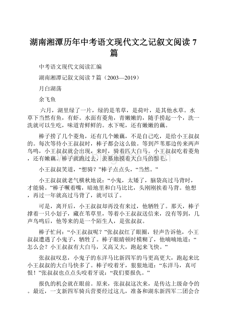 湖南湘潭历年中考语文现代文之记叙文阅读7篇.docx