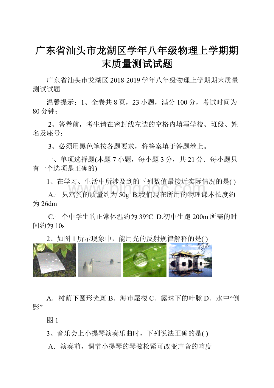 广东省汕头市龙湖区学年八年级物理上学期期末质量测试试题.docx_第1页