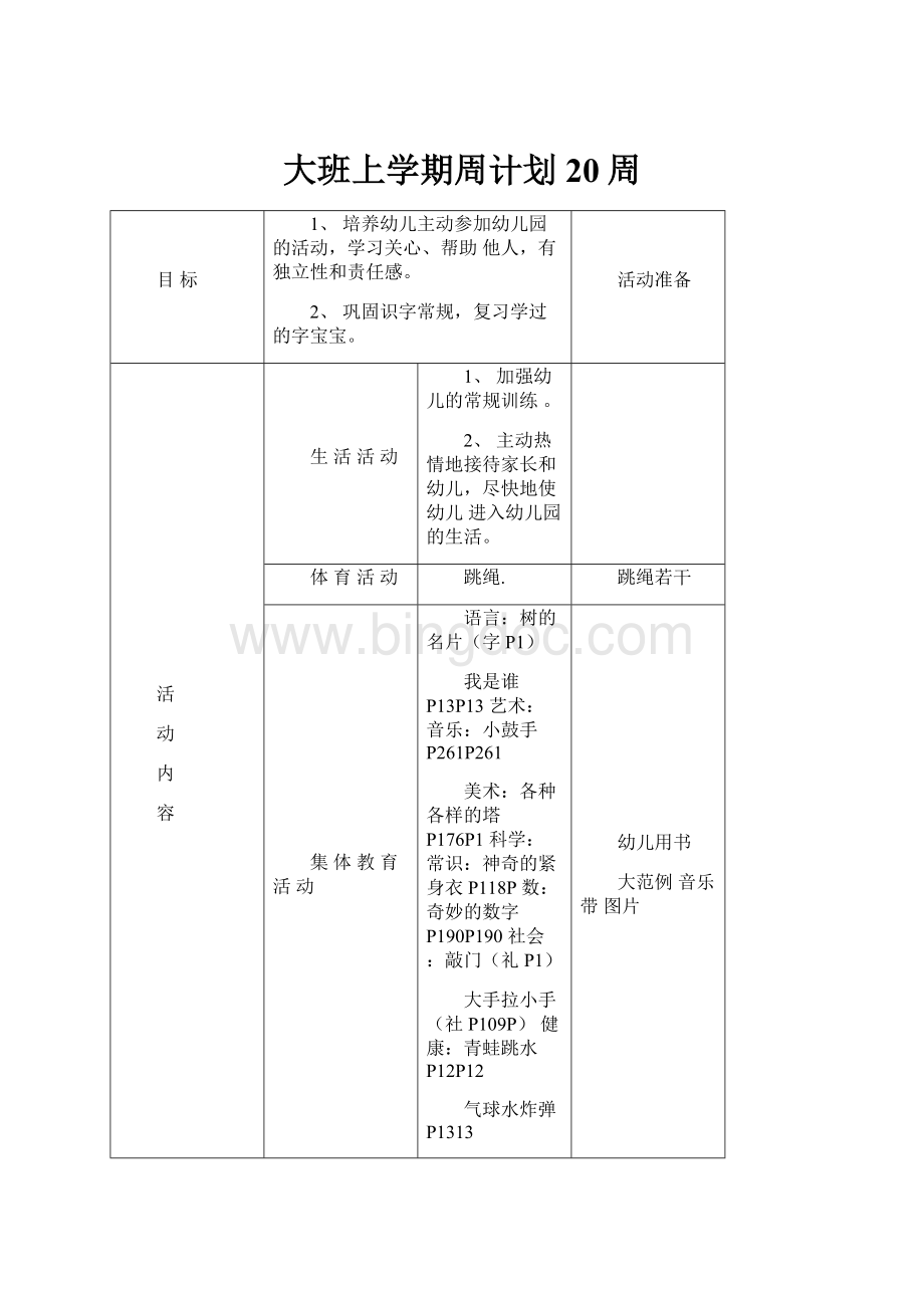 大班上学期周计划20周.docx