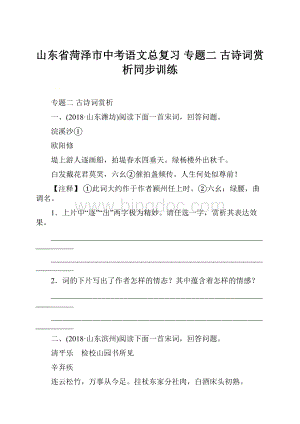 山东省菏泽市中考语文总复习 专题二 古诗词赏析同步训练.docx