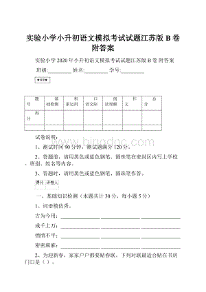 实验小学小升初语文模拟考试试题江苏版B卷 附答案.docx