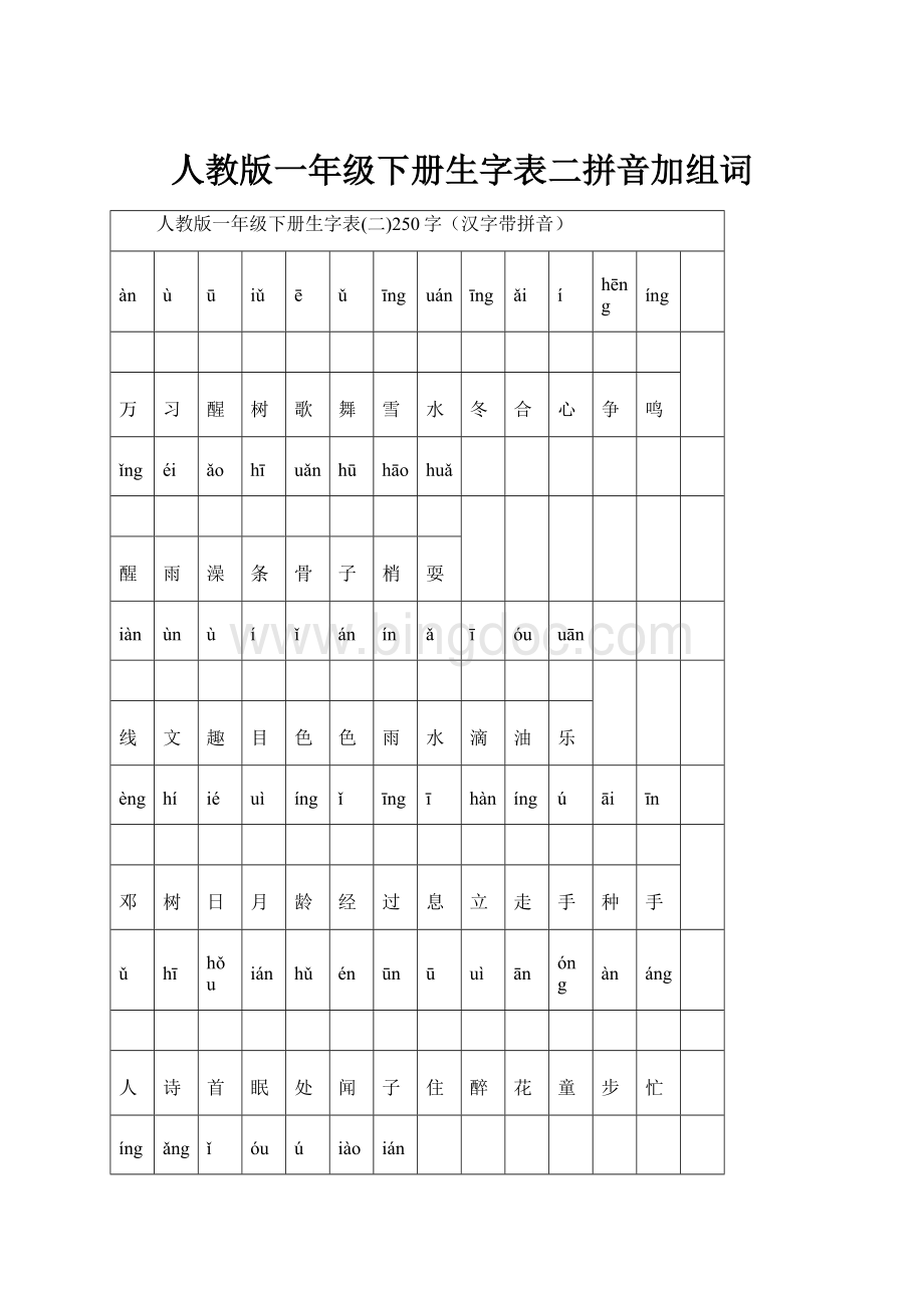 人教版一年级下册生字表二拼音加组词.docx_第1页