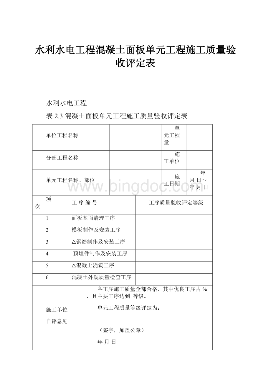 水利水电工程混凝土面板单元工程施工质量验收评定表.docx