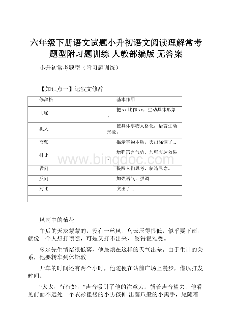 六年级下册语文试题小升初语文阅读理解常考题型附习题训练 人教部编版 无答案.docx