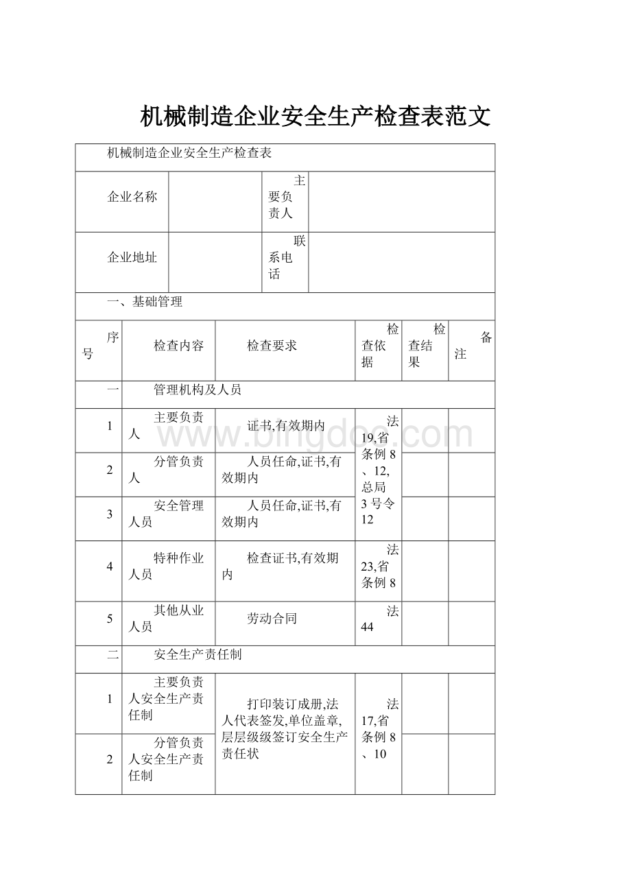 机械制造企业安全生产检查表范文.docx