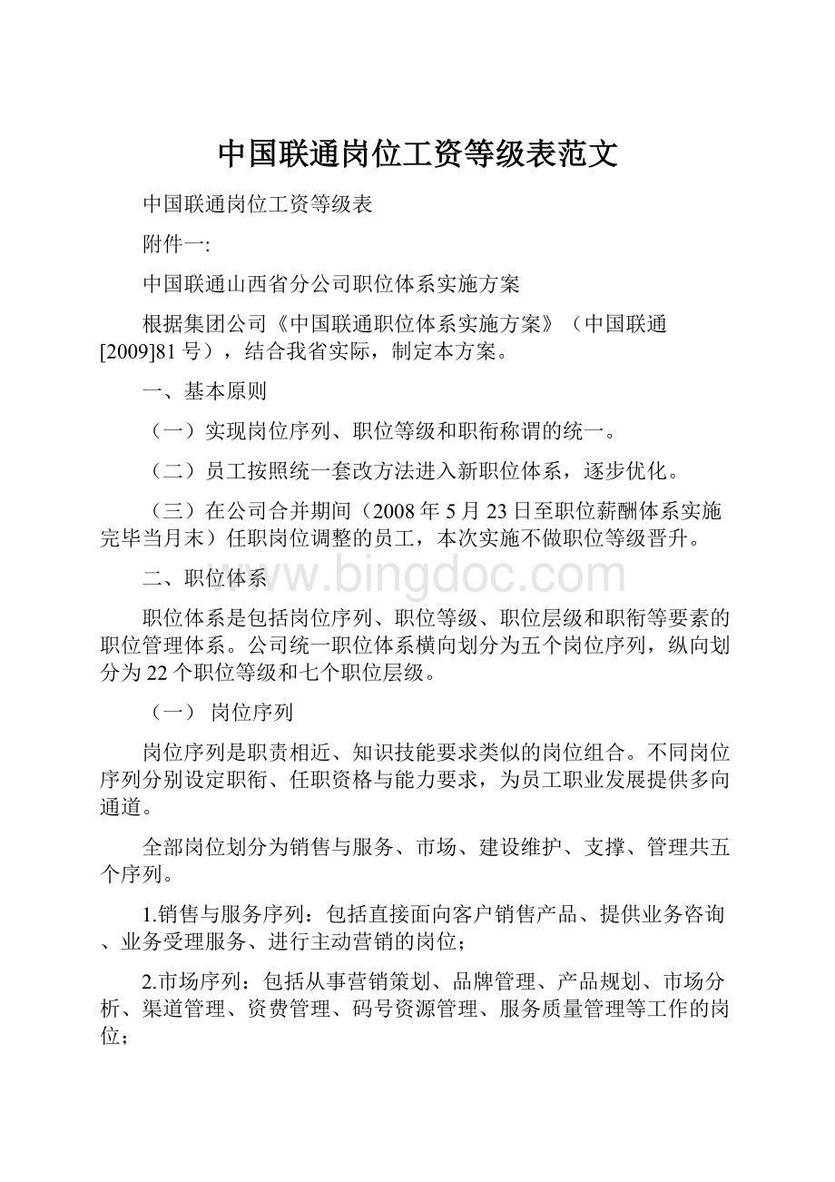 中国联通岗位工资等级表范文.docx_第1页