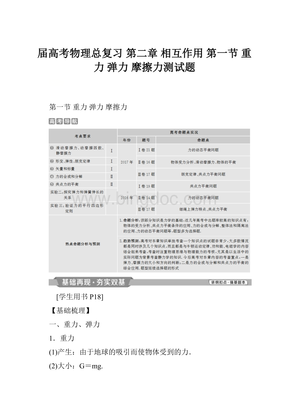 届高考物理总复习 第二章 相互作用 第一节 重力 弹力 摩擦力测试题.docx