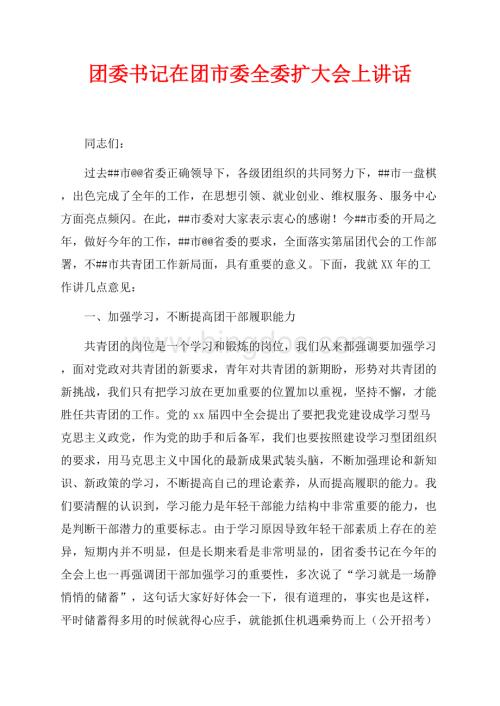 团委书记在团市委全委扩大会上讲话（共5页）3100字.docx