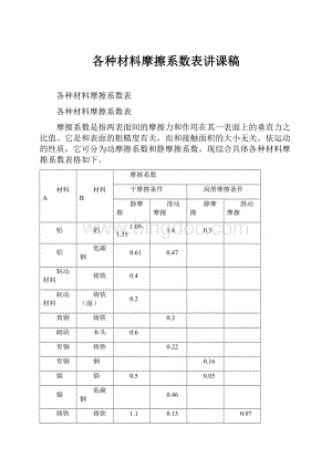 各种材料摩擦系数表讲课稿.docx