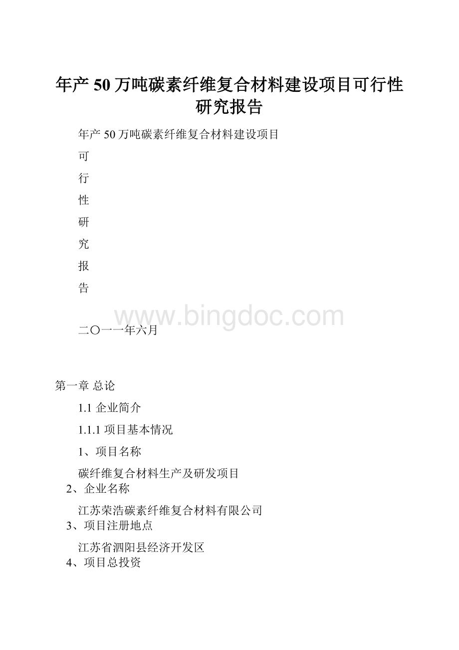 年产50万吨碳素纤维复合材料建设项目可行性研究报告.docx_第1页