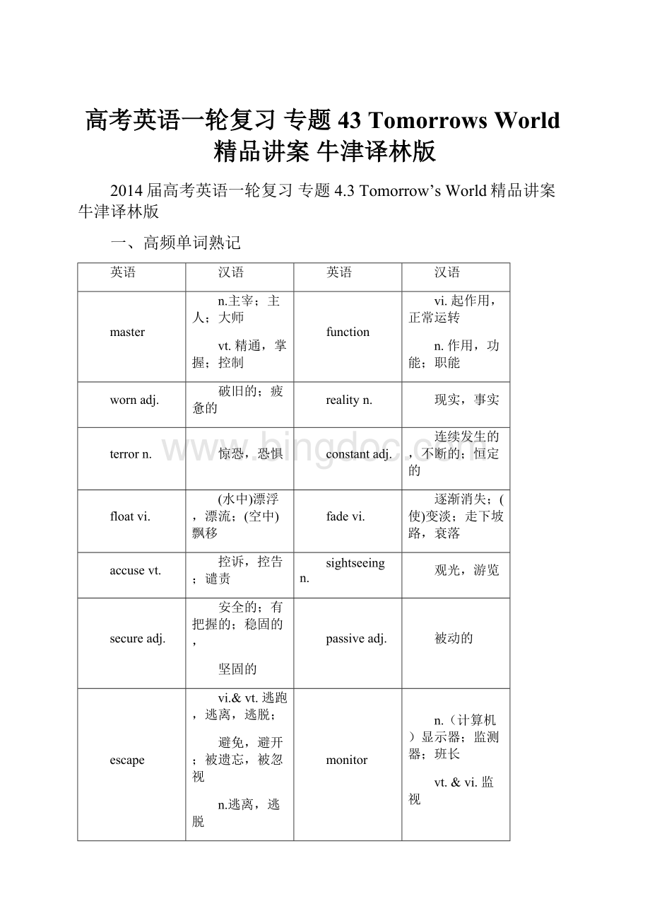 高考英语一轮复习 专题43 Tomorrows World精品讲案 牛津译林版.docx_第1页