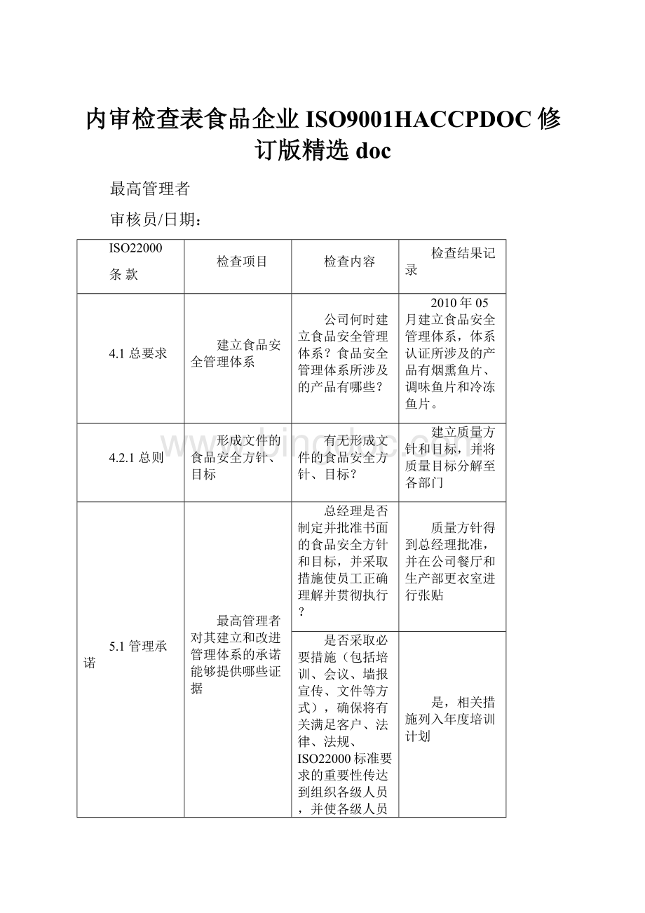 内审检查表食品企业ISO9001HACCPDOC修订版精选doc.docx_第1页