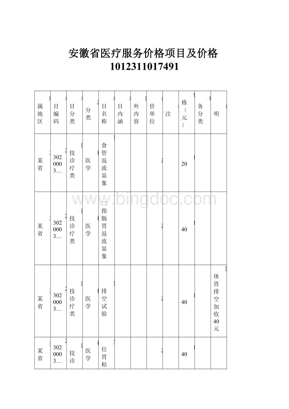 安徽省医疗服务价格项目及价格1012311017491.docx_第1页