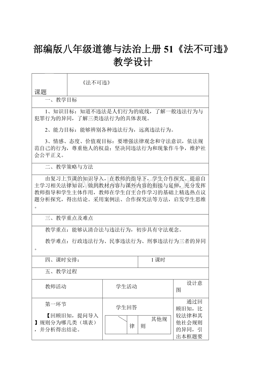 部编版八年级道德与法治上册51《法不可违》教学设计.docx_第1页