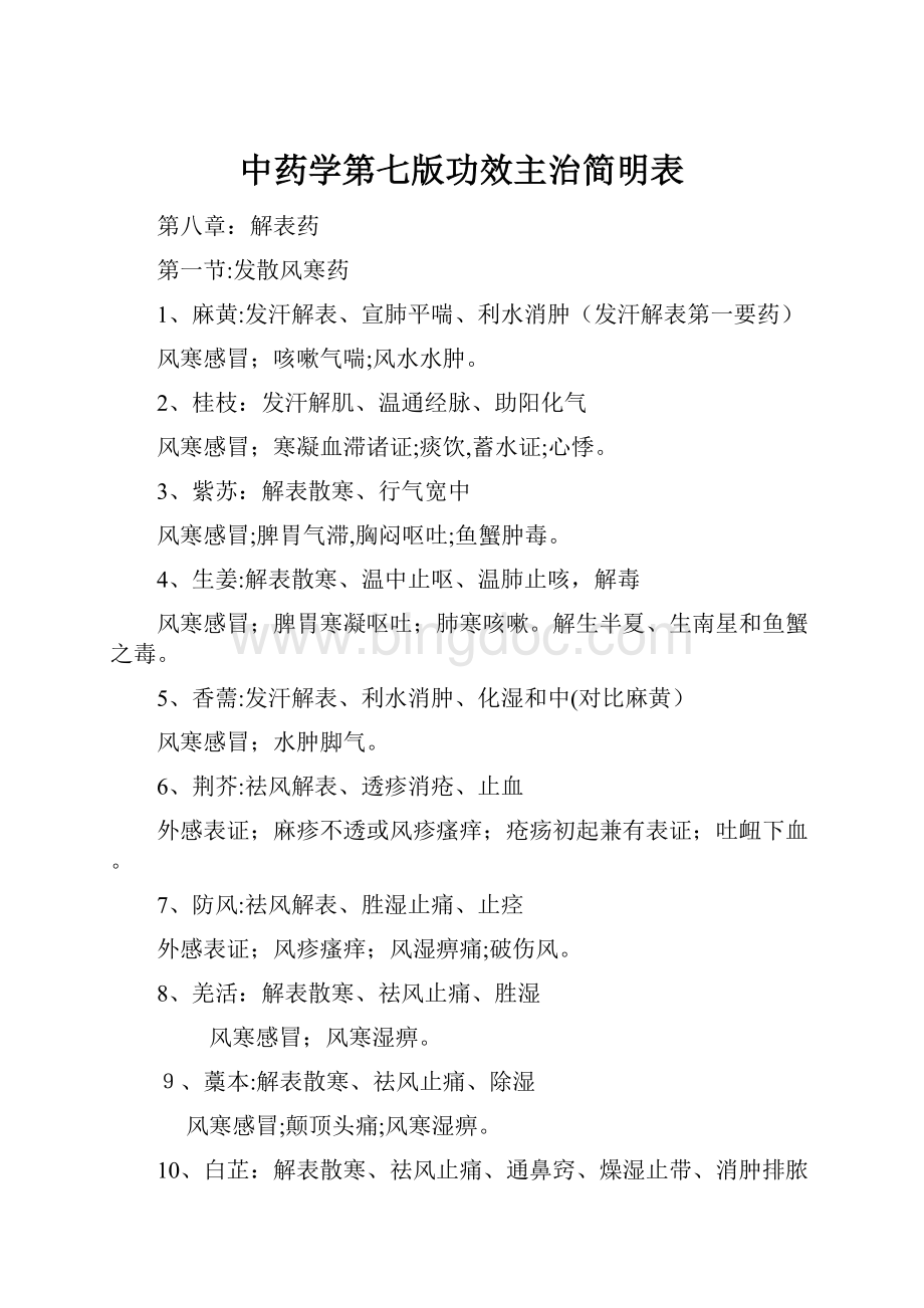 中药学第七版功效主治简明表.docx_第1页