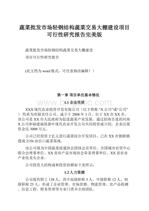 蔬菜批发市场轻钢结构蔬菜交易大棚建设项目可行性研究报告完美版.docx