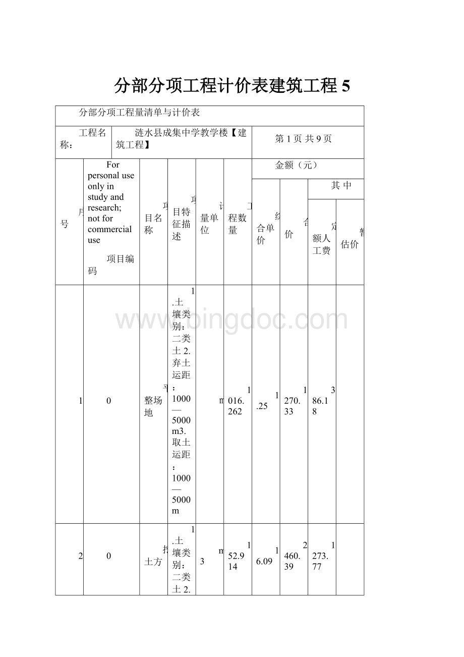 分部分项工程计价表建筑工程5.docx