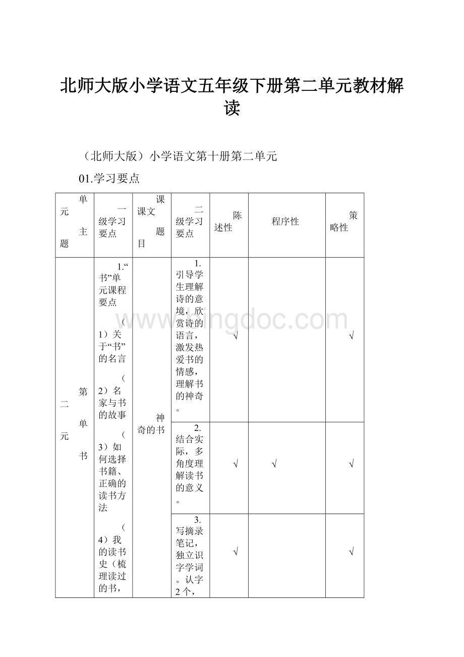 北师大版小学语文五年级下册第二单元教材解读.docx