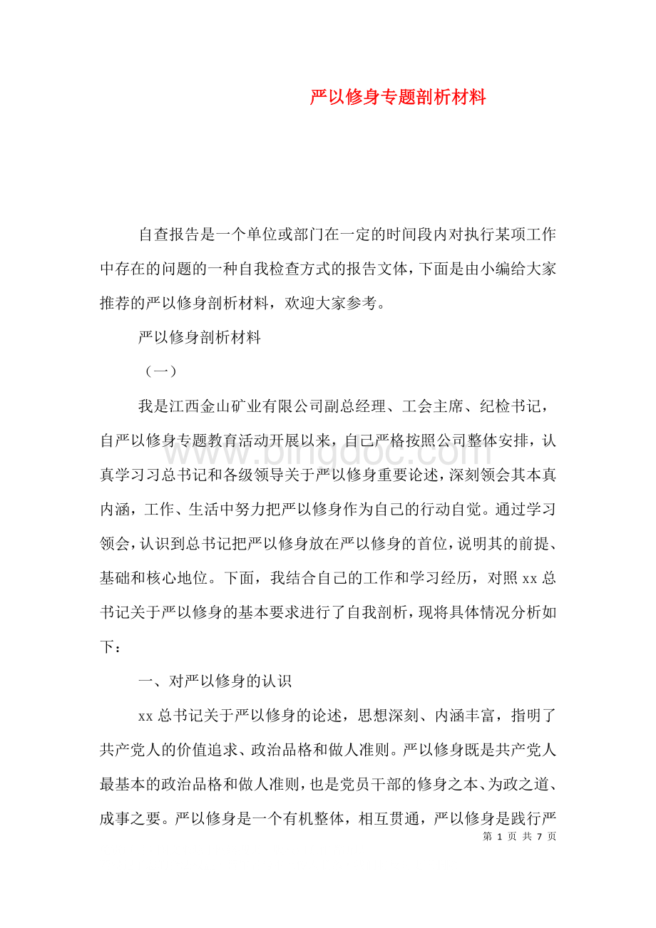 严以修身专题剖析材料.doc