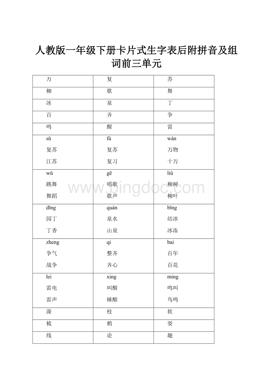 人教版一年级下册卡片式生字表后附拼音及组词前三单元.docx