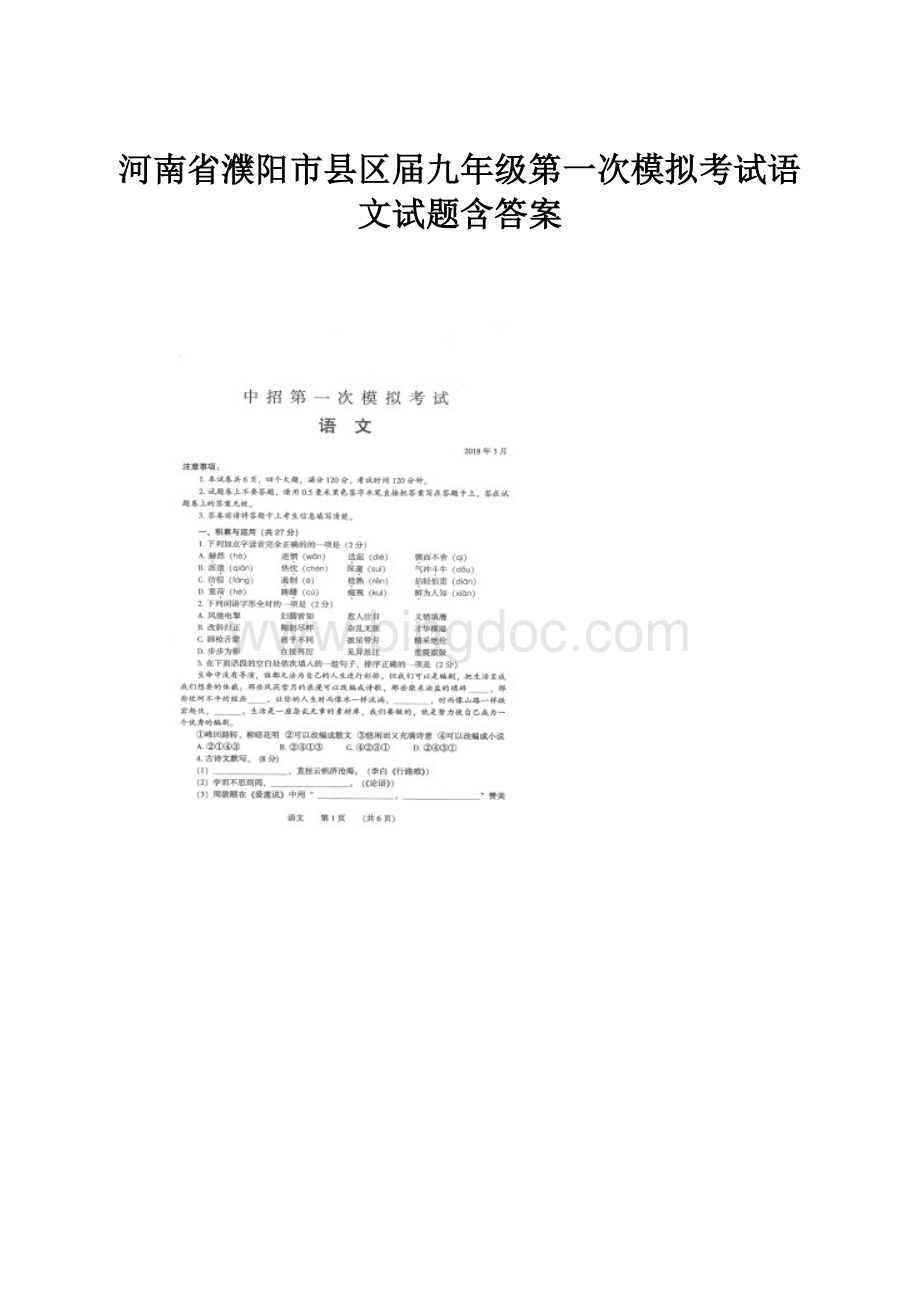 河南省濮阳市县区届九年级第一次模拟考试语文试题含答案.docx