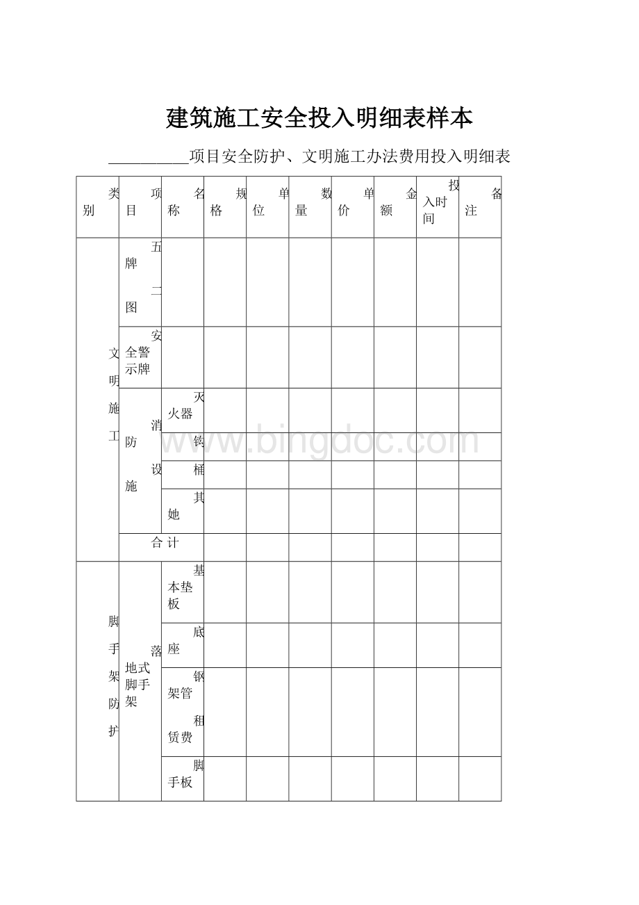 建筑施工安全投入明细表样本.docx_第1页