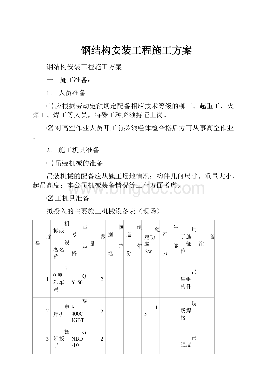 钢结构安装工程施工方案.docx_第1页