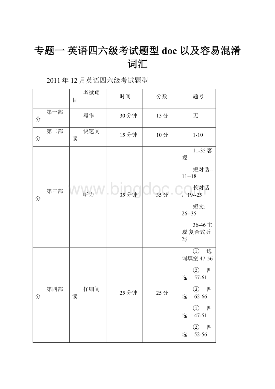 专题一 英语四六级考试题型doc 以及容易混淆词汇.docx