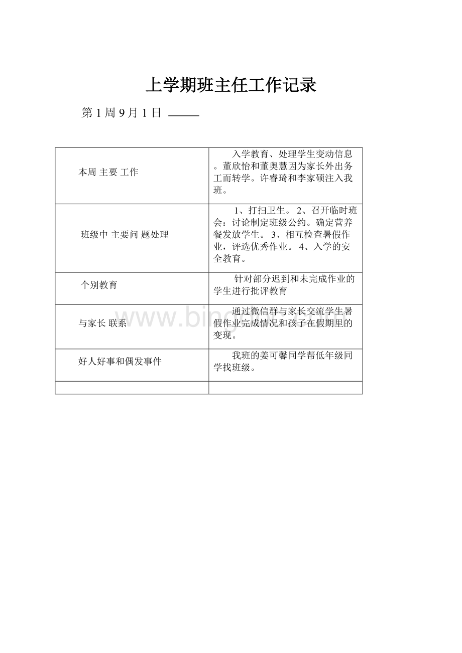 上学期班主任工作记录.docx_第1页