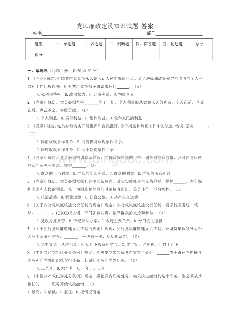 党风廉政建设知识试题-答案.doc_第1页