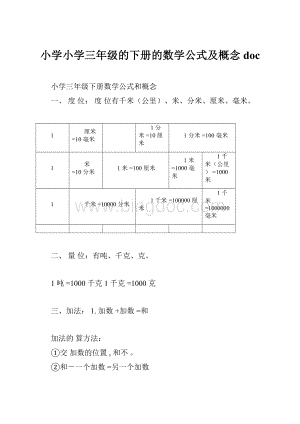 小学小学三年级的下册的数学公式及概念doc.docx