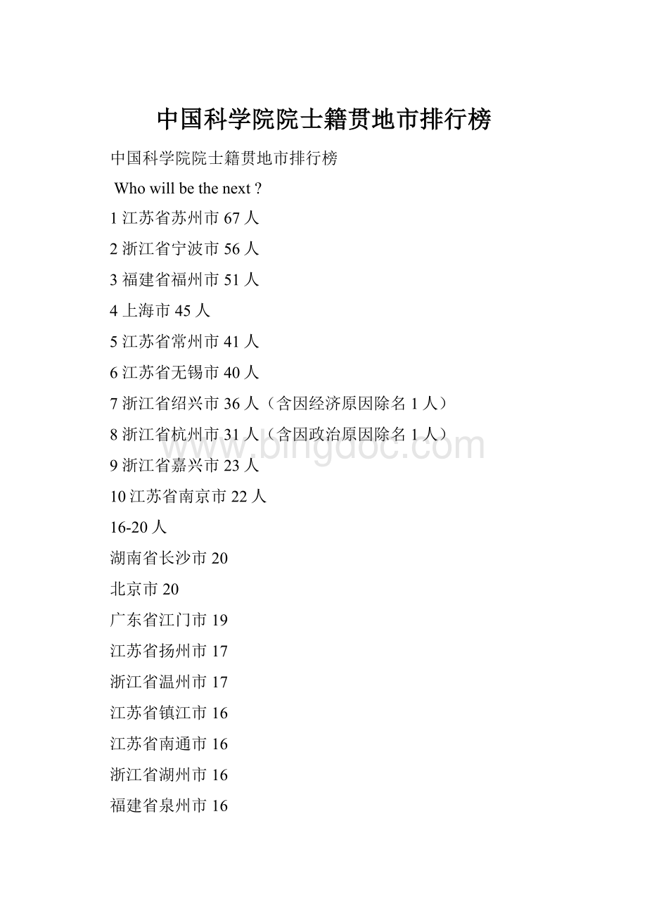 中国科学院院士籍贯地市排行榜.docx_第1页