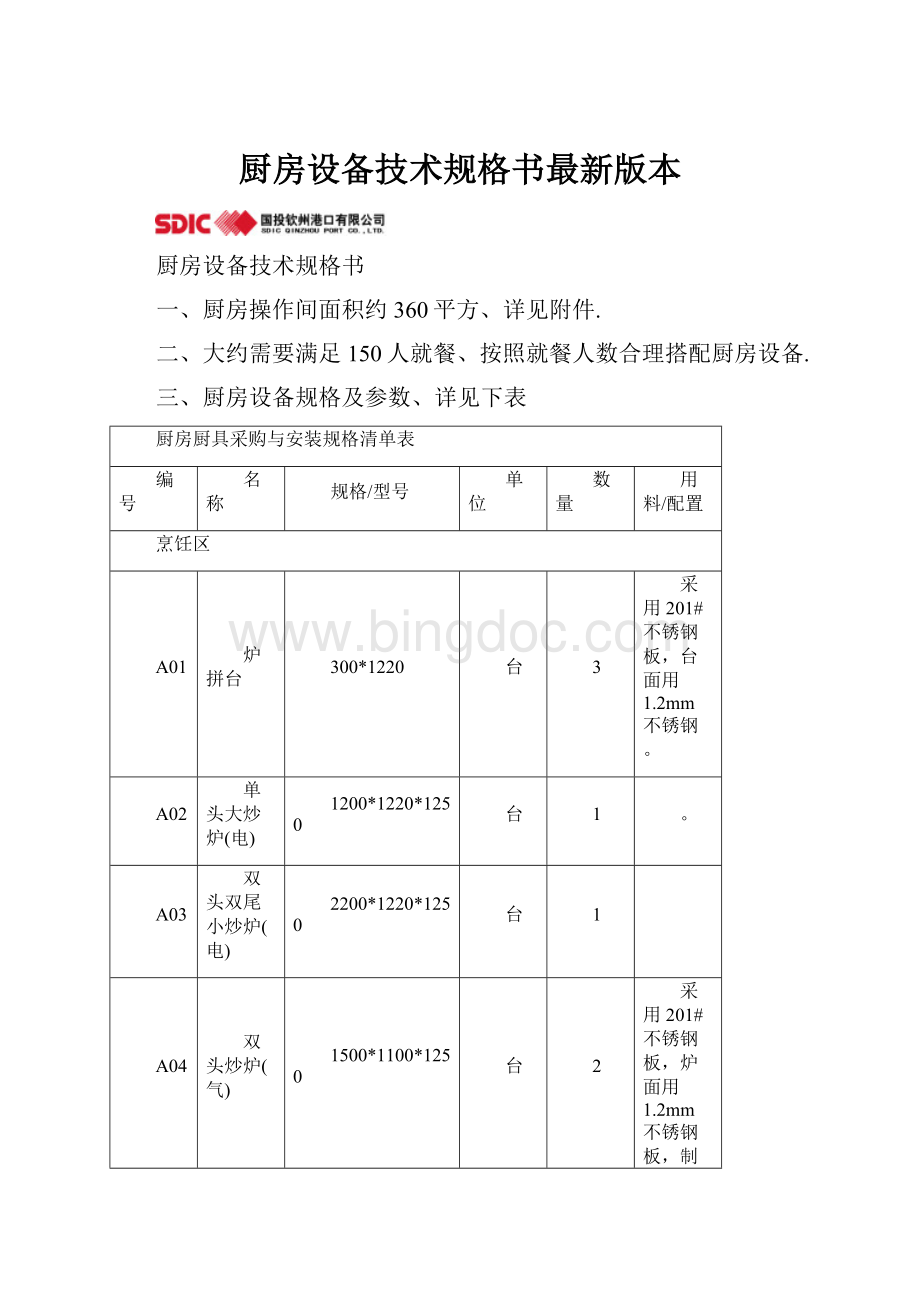 厨房设备技术规格书最新版本.docx_第1页