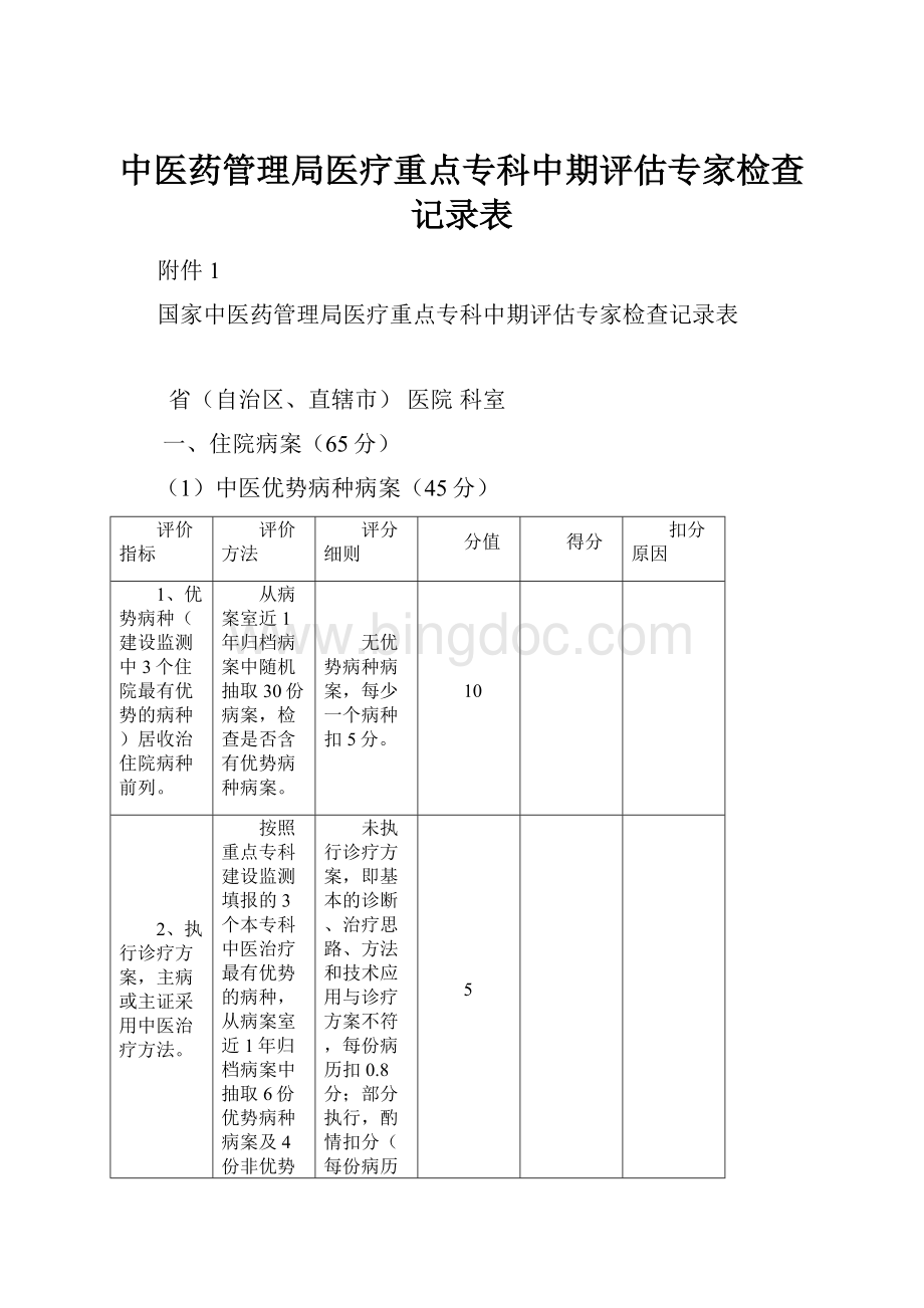 中医药管理局医疗重点专科中期评估专家检查记录表.docx