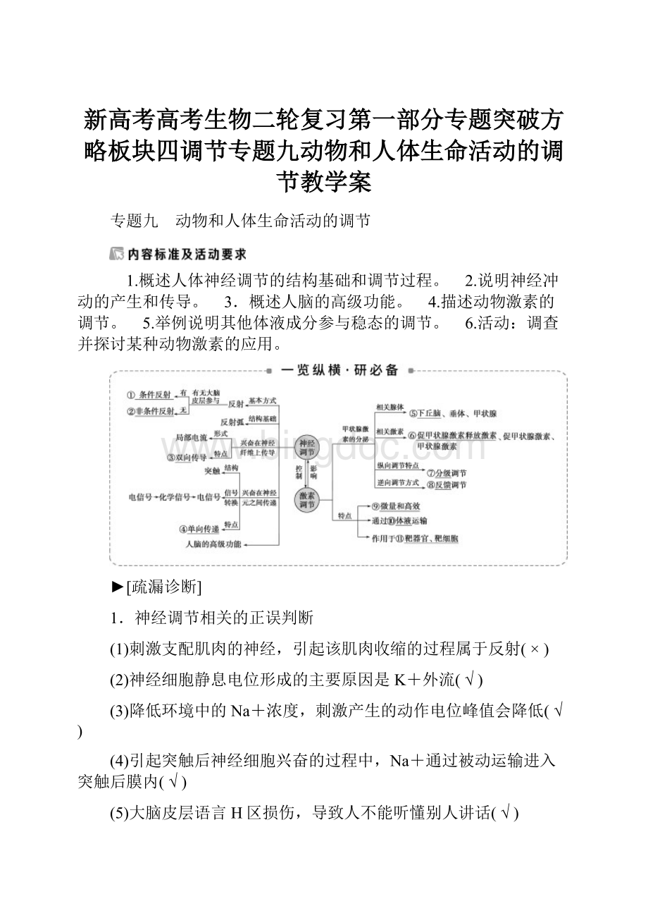 新高考高考生物二轮复习第一部分专题突破方略板块四调节专题九动物和人体生命活动的调节教学案.docx