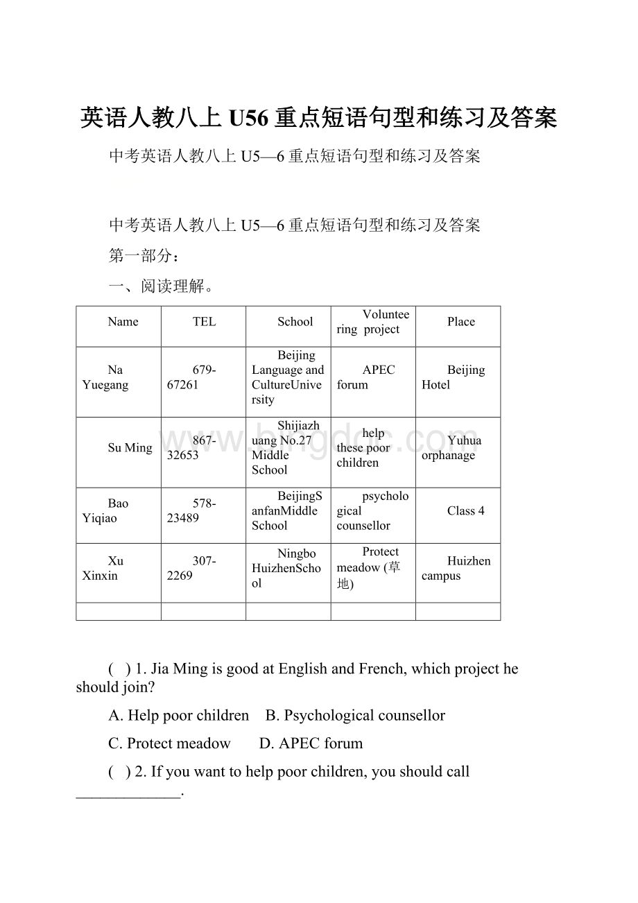 英语人教八上U56重点短语句型和练习及答案.docx